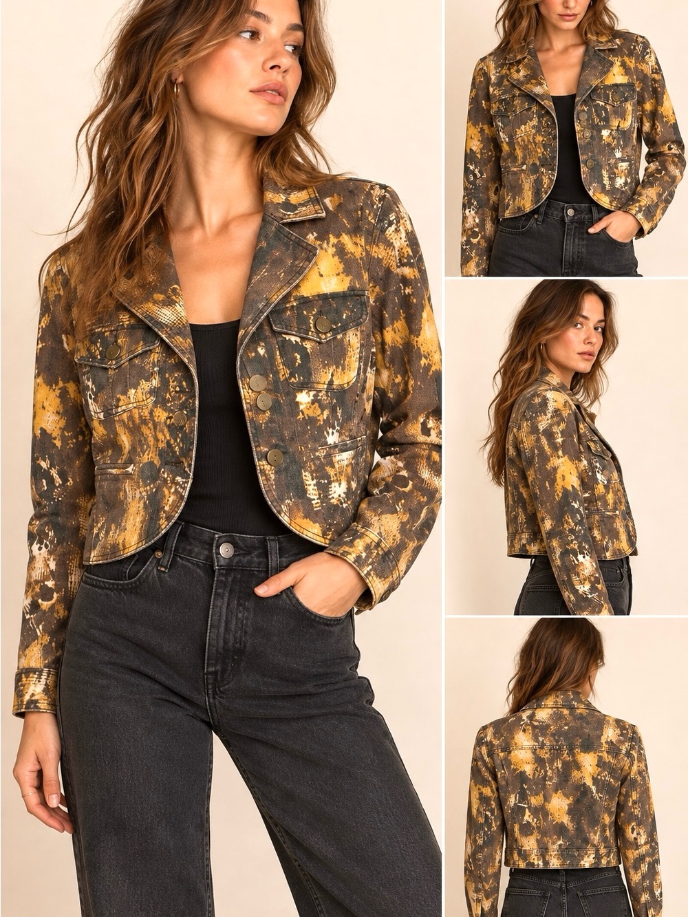 Bianca Nygard Abstract Print Cropped Denim Jacket Y2K Artsy Grunge Size 8
